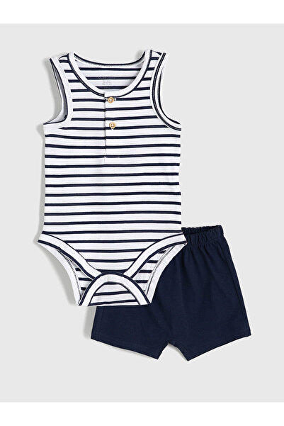 LC Waikiki White Striped Baby Boy Snap-On Bodysuit and Shorts 2-Piece Set