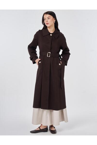 Kayra Şömizye Yaka Kuşaklı Trençkot Koyu Kahve