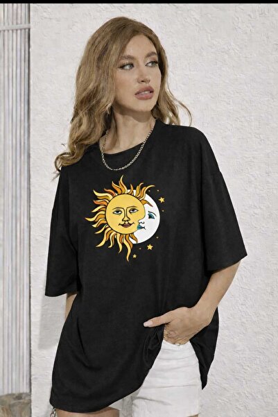 New Shine Μαύρο μπλουζάκι Unisex με στάμπα Sun Moon