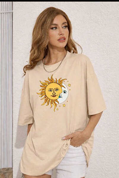 New Shine Μπλουζάκι Unisex σε μπεζ χρώμα με στάμπα Sun Moon