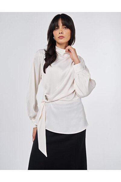 Kayra High Collar Satin Blouse Ecru