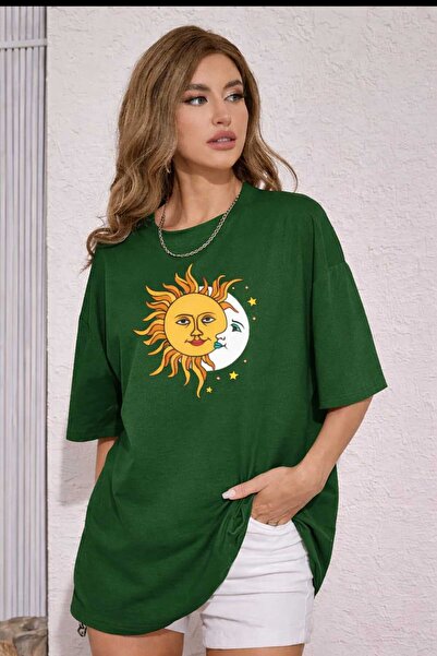 New Shine Sun Moon Printed Green Unisex T-Shirt