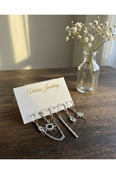 Vidora Jewelry Charm Tarzı Halka Küpe Seti – Güneş & Yıldız Detaylı Çelik Küp...