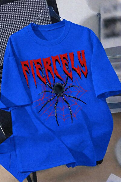New Shine Tricou unisex albastru Saks cu imprimeu Fiercely Spider Web