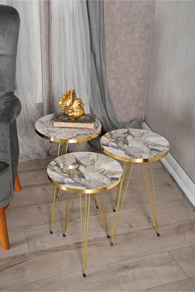 MRVHOMEE 3’lü Zigon Sehpa Seti – 33 cm – Gold Tel Ayaklı Gri Mermer görünümlü