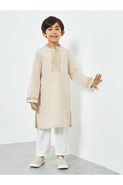 Styli Boys Beige Embroidered Kurta with Pants Set