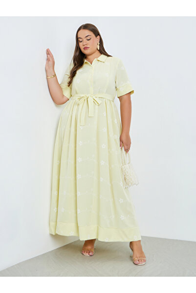 Styli Plus Size Yellow Floral Print Shirt Maxi Dress