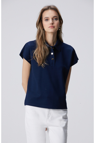 Network Lacivert Polo Yaka Çıtçıt Detaylı Kısa Kol Sweatshirt