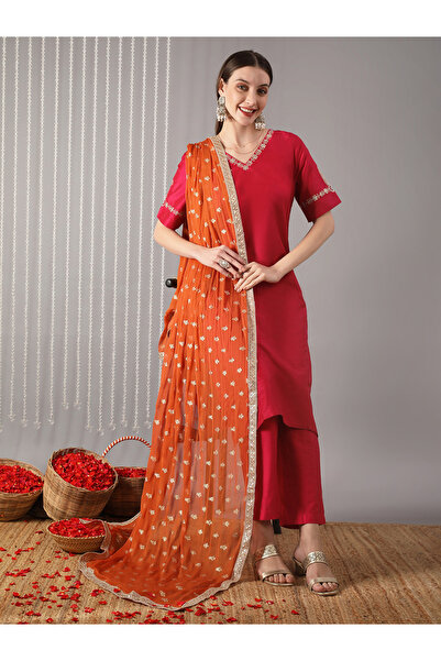 Globus By Styli Women Pink Embroidered Straight Kurta with Pant and Dupatta Set