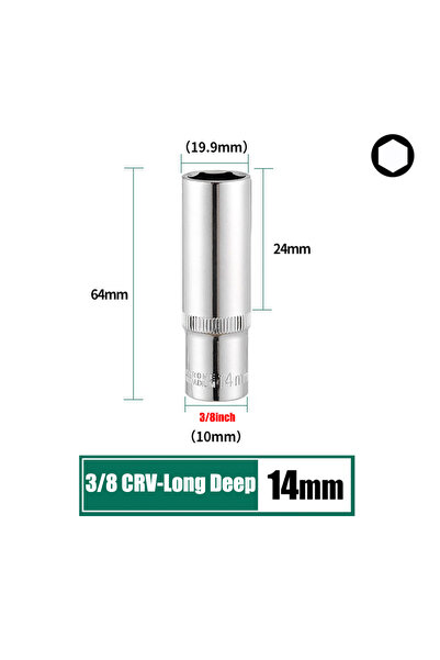 Choice9 14mm 6-24mm 3/8" Drive Hex Long Deep Skets Wrench Head CRV 6 Point Sk...