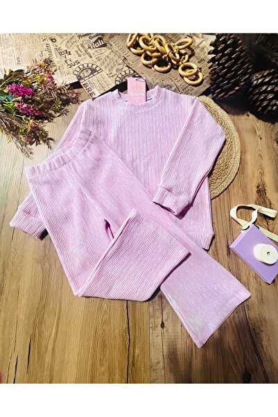 Babyelisco Kız çocuk pembe simli sweatshirt ve İspanyol paça taytlı takım