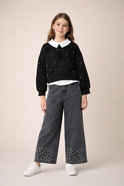 Cansın Mini Κοστούμι πουκάμισο για κορίτσια με μαύρη πέρλα και παντελόνι τζιν...
