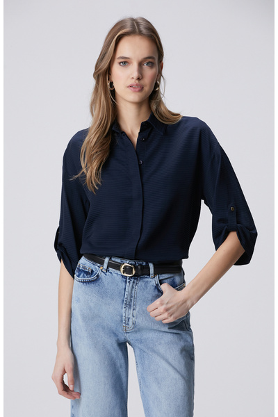 Network Lacivert Çizgi Jakarlı Truvakar Kol Gömlek