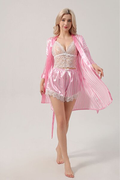 mothers dream Women’s Satin Floral Robe Set with Black Lace Lingerie – 3-Piec...