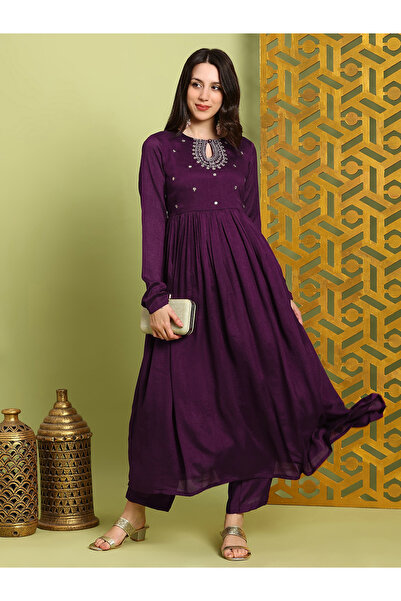 Globus By Styli Women Purple Sequin Embroidered Kurta with Wide Leg Pants Set