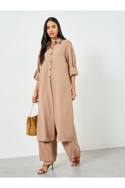 Styli Beige Buttoned Shirt Kimono and Pant Co-ords