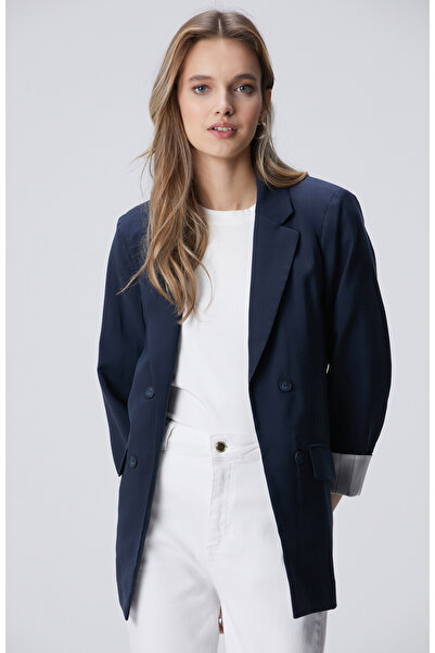 Network Lacivert Açık Kruvaze Kol Ucu Desen Astarlı Ceket