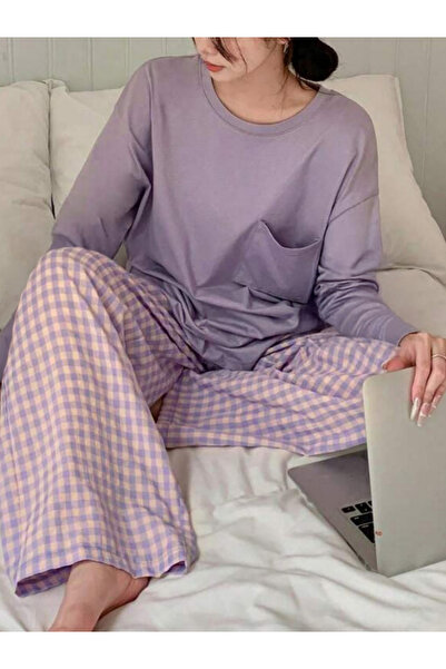 Take Two By Styli Purple Pocket Detail Long Sleeve Top and Checked Pyjama Set