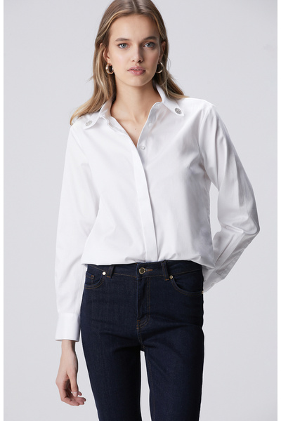 Network Beyaz Yakası Mine Taşlı Pamuk Gömlek