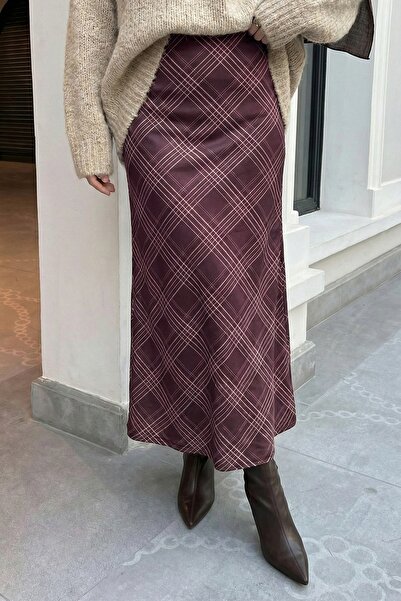 InStyle Çizgili Ekose Desen Bordo Saten Etek