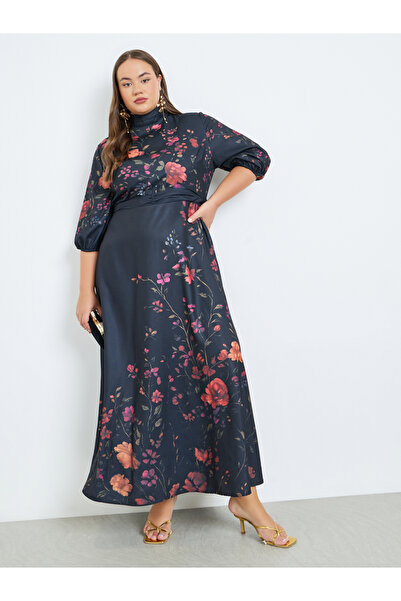 Styli Plus Size Floral Print Belted A-Line Maxi Dress