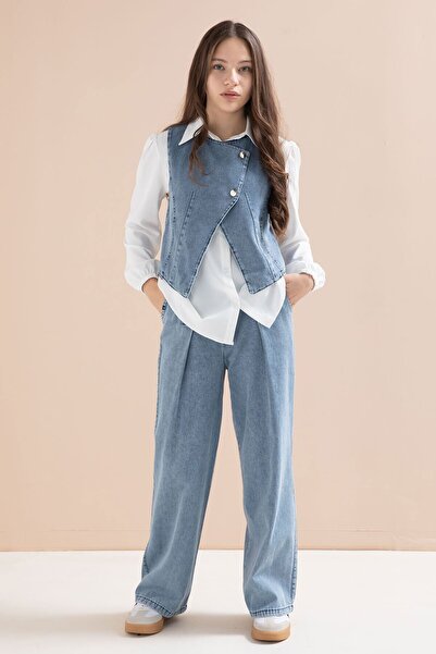 Cansın Mini Μπλε κουμπωτό τζιν γιλέκο και παντελόνι, κοριτσίστικο πουκάμισο, ...
