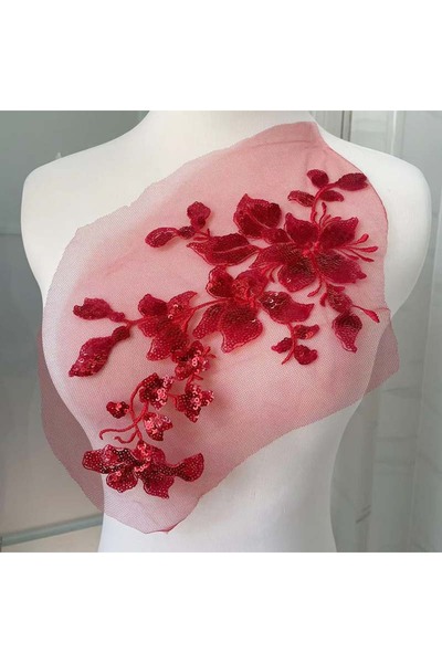 Choice7 07- ترتر أحمر 28*16 سم، تطريز ثلاثي الأبعاد على شكل زهرة، قماش دانتيل...