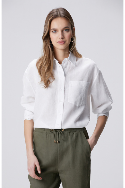 Network Beyaz Cep Detaylı Keten Mix Basic Gömlek