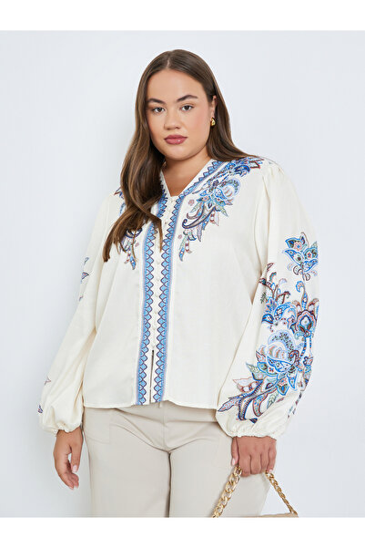 Styli Plus Size Cream Paisley Print Blouse
