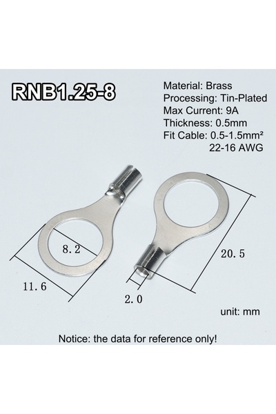 Choice29 100 قطعة من موصلات RNB1.25-8 النحاسية ذات اللون الفضي، 100 قطعة من م...