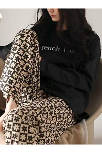 Take Two By Styli Black Text Print T-Shirt and Pyjama Set