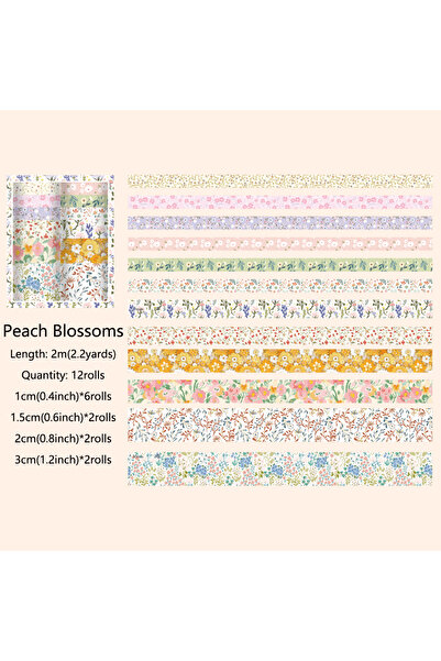 Choice1 مجموعة 12 لفة من شريط واشي بنقشة زهور الخوخ، بتصميم عتيق، شريط لاصق م...