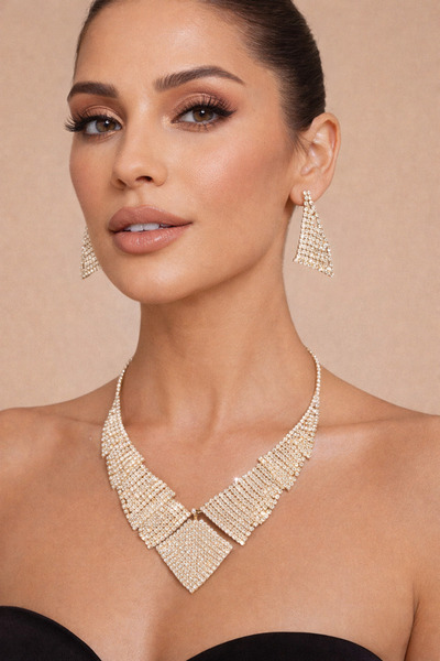 Zeraf Takı Zeraf Işıltılı Abiye Parlak Taşlı Gerdanlık Gold Kolye ve Küpe Tak...