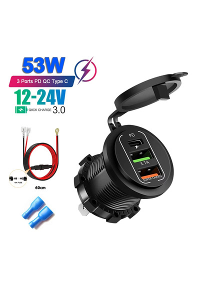 Choice شاحن سيارة جديد بثلاثة منافذ بقدرة 53 واط مع سلك، يدعم الشحن السريع PD...