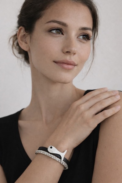 Kutcha Accessories Double Layer Black Leather & Silver Tone Bracelet with Fis...