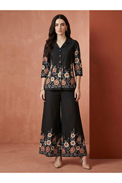 Globus By Styli Black Floral Print Shirt and Wide Leg Pants Fusion Co-Ords