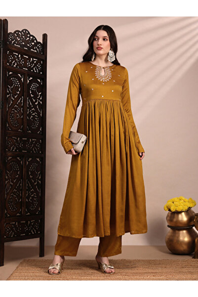 Globus By Styli Women Yellow Sequin Embroidered Kurta with Wide Leg Pants Set