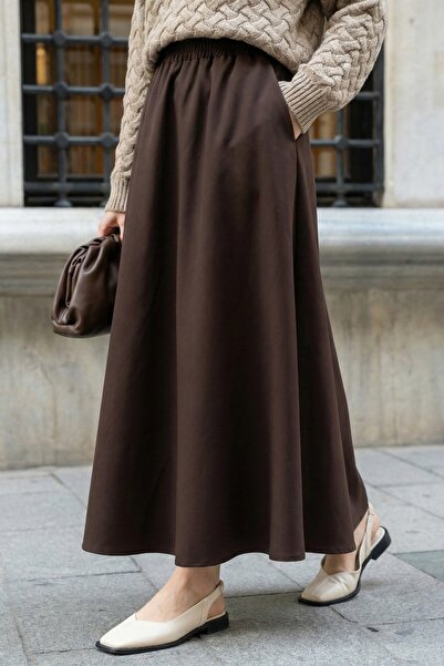 InStyle Flared Double Bitter Brown Skirt with Pockets