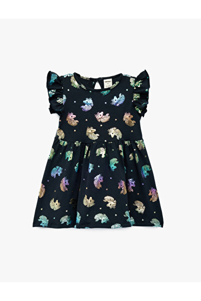 Koton Unicorn με τύπωμα Λεπτομέρεια με βολάν Αμάνικο φόρεμα με λαιμόκοψη ποδη...