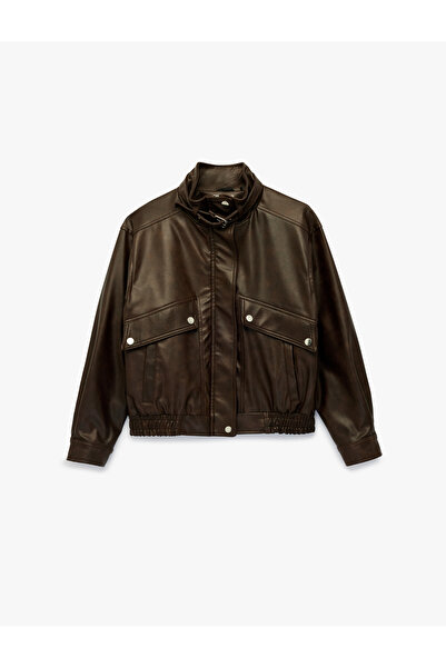 Koton Faux Leather Pocket Detailed Zippered Long Sleeve High Collar Crop Jacket