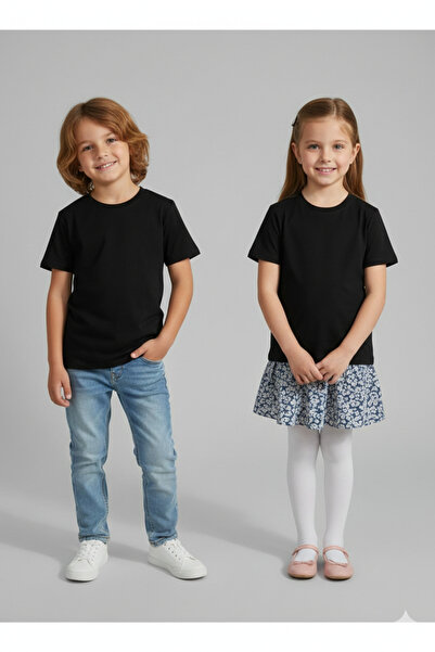 LiyAdaCo Tricou negru pentru copii, fără imprimeu, cu guler tip bicicletă