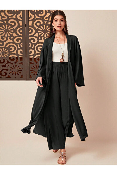 Take Two By Styli Black Open Front Kimono and Pants Co-ords