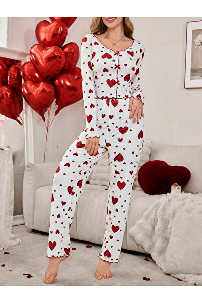 Take Two By Styli Love-Heart Printed Long Sleeve Top and Pyjama Set