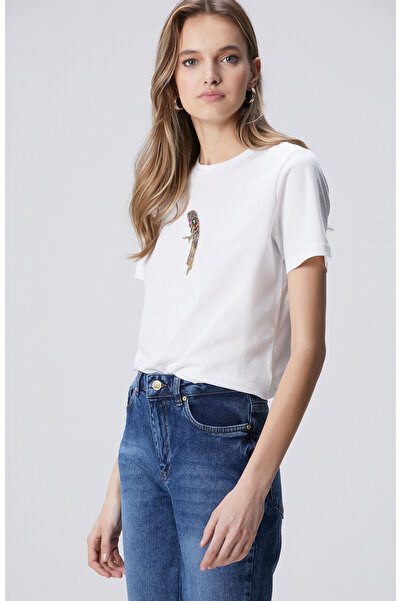 Network Beyaz Taşlı Papağan Figürlü T-shirt