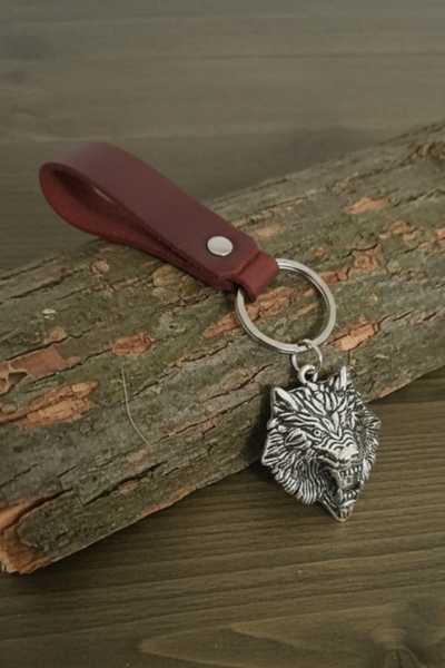 AB Takı Big Wolf Design Real Leather Keychain Fashion Key Holder Genuine Leat...