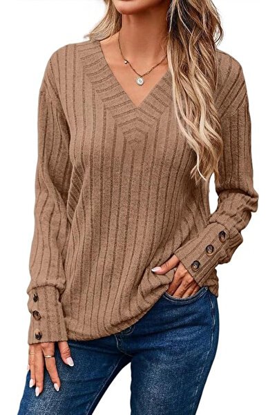 Dokotoo Loose blouse with long sleeves and button placket, brown M