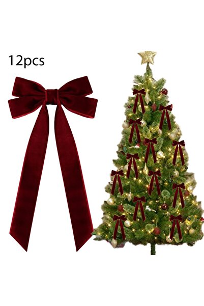 Choice11 25 سم أحمر 2 12 قطعة من فيونكات عيد الميلاد المخملية، زينة معلقة لشج...