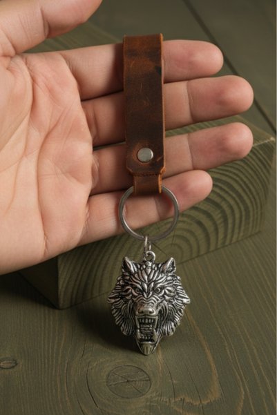 AB Takı Big Wolf Design Real Leather Keychain Fashion Key Holder Genuine Leather Keychain