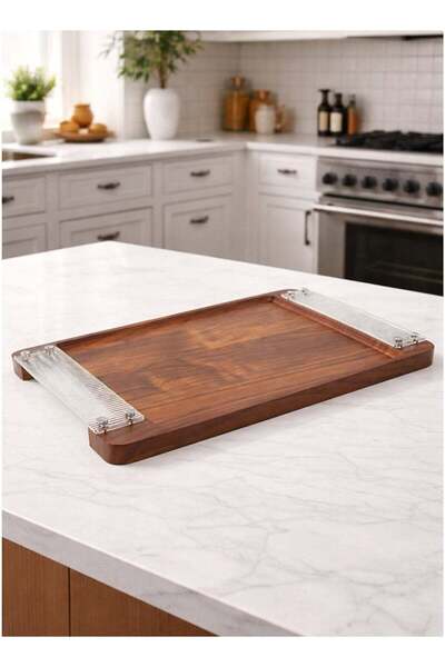 ALQANNAS Large Single Wooden Serving Tray with Strong Acrylic Handles