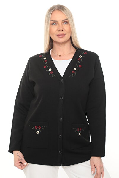 İKSUN Floral Embroidered Winter Thick Knitted Buttoned Pocketed Knitwear Moth...